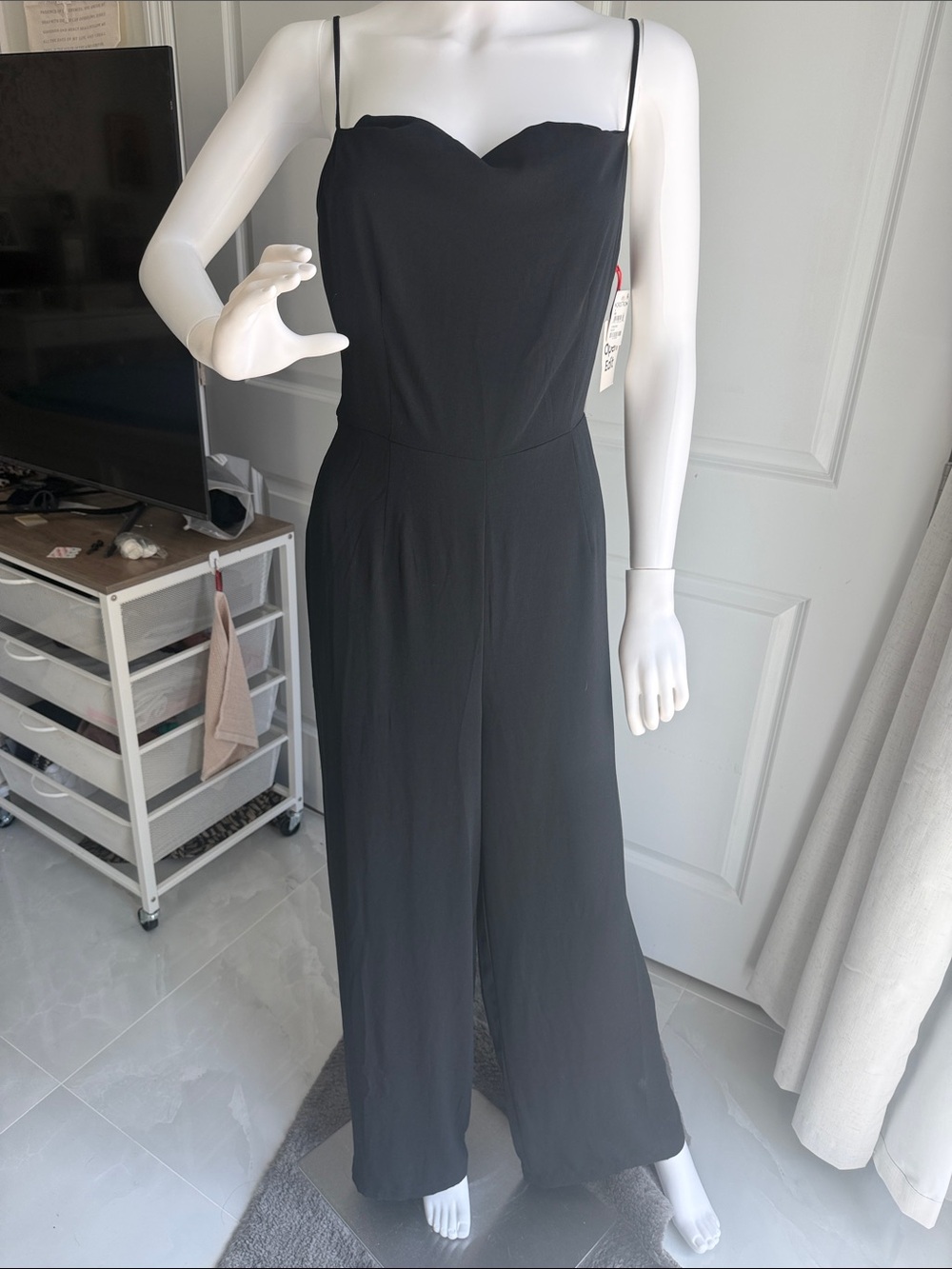 Open Edit Nordstrom Black Spaghetti-Strap Wide-Leg Jumpsuit with open back
